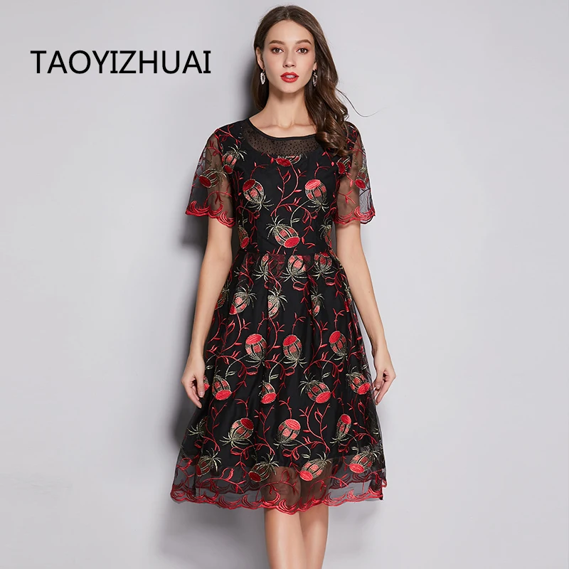TAOYIZHUAI новое летнее поступление популярное платье трапециевидной формы с коротким рукавом и вышивкой в виде лепестков, элегантные вечерние Женское платье большого размера 11716