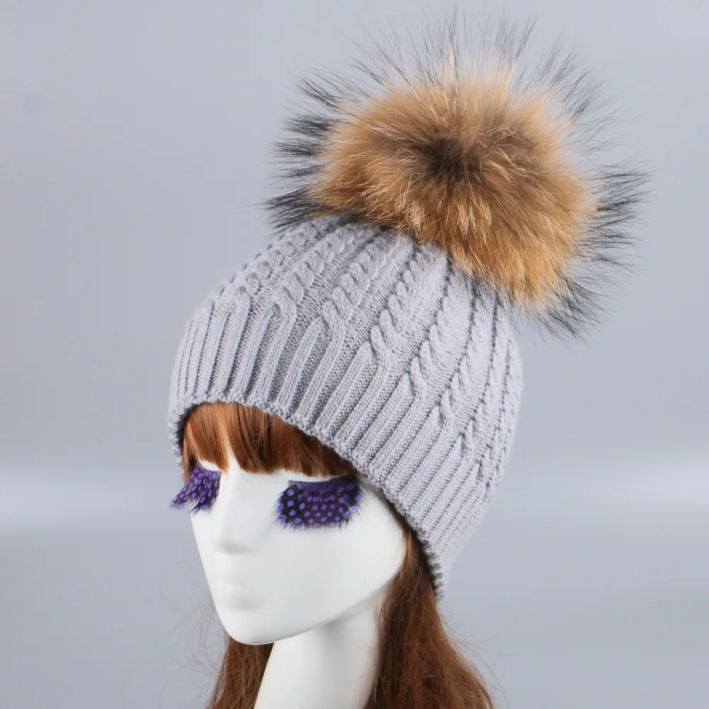 Женская брендовая вязаная зимняя шапка настоящая норка лиса помпон шар