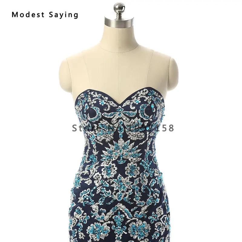 Роскошные темно синие кружевные вечерние платья Русалочки с вышивкой и бисером