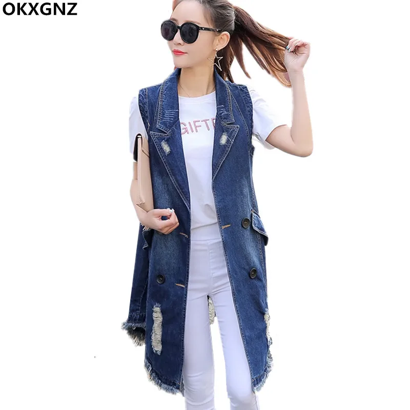 Джинсовый жилет для женщин 2017 новая мода весна осень Длинный без рукавов пальто