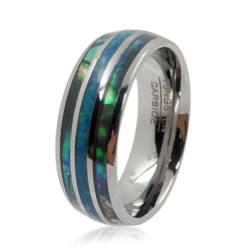 

8mm Wide Abalone Shell Tungsten Carbide Rings Dome Triple Grooved Opal Inlaid Men Women Wedding Band Never Fade Forever Ring