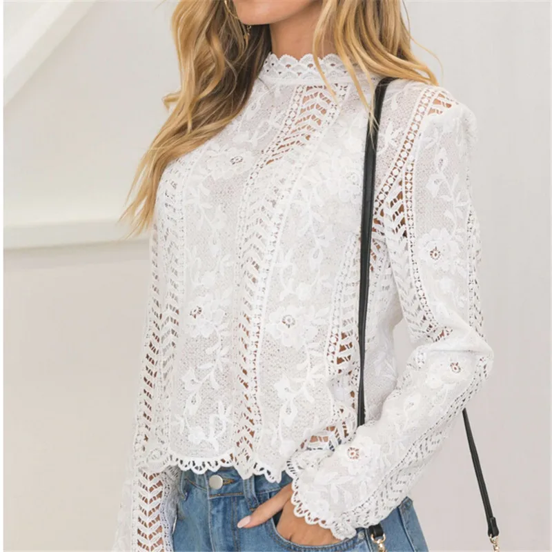 

hirigin women ladies blouse long sleeve white Lace hollow turtleneck blouse Top Summer Blouses Cap Elegant Blouse for female