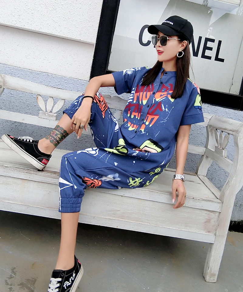 Для женщин Street Wear Мультфильм Граффити Печатные комбинезон отложным воротником