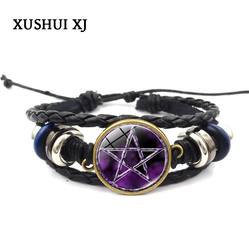 Фиолетовый пентаграмма стеклянный кабошон браслет с подвесками ручная работа