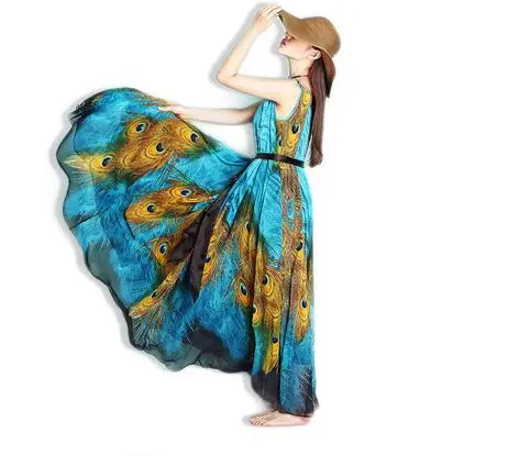 Женщины богемия печать шифоновое платье супер павлин пляж | Женская одежда