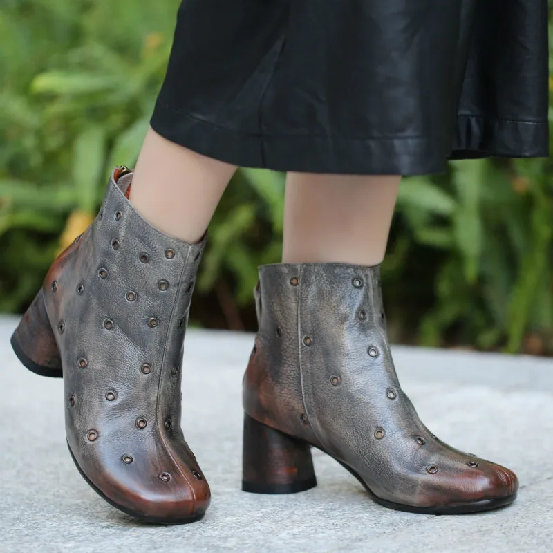 Женские ботинки Martin из натуральной кожи Серые ботильоны на высоком каблуке с