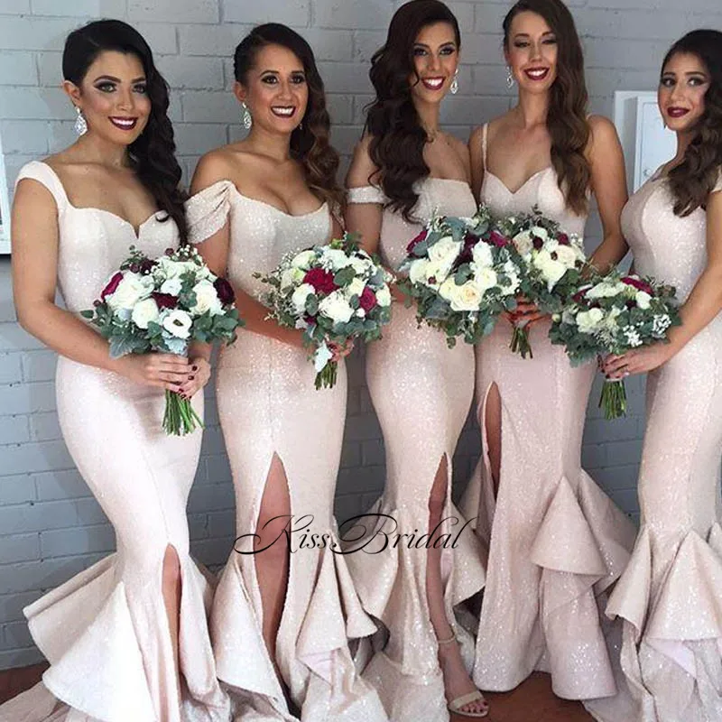 

New Arrival Long Bridesmaid Dresses 2017 Mermaid Sequined Satin Floor Length Side Slit Wedding Party Dresses