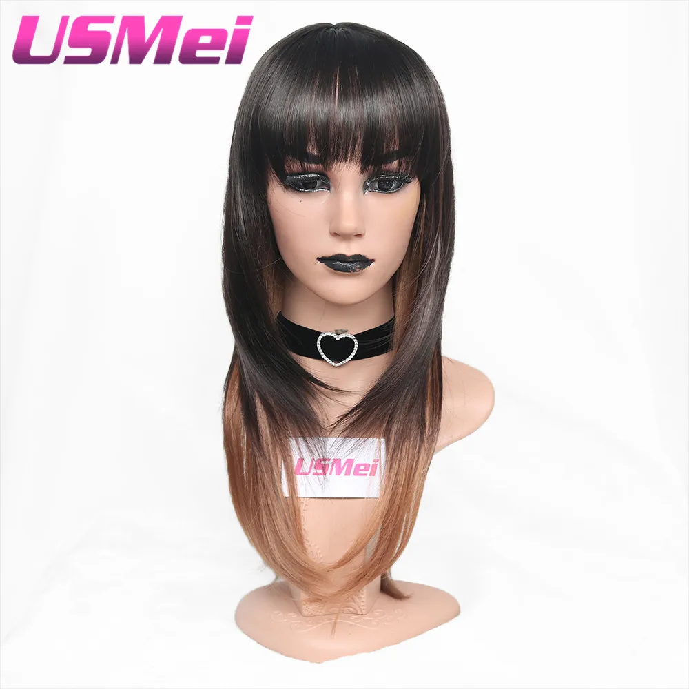 

USMEI 22 inches silky straight black women hair wigs Omber color long synthetic wig heat resistant fiber hair neat bangs