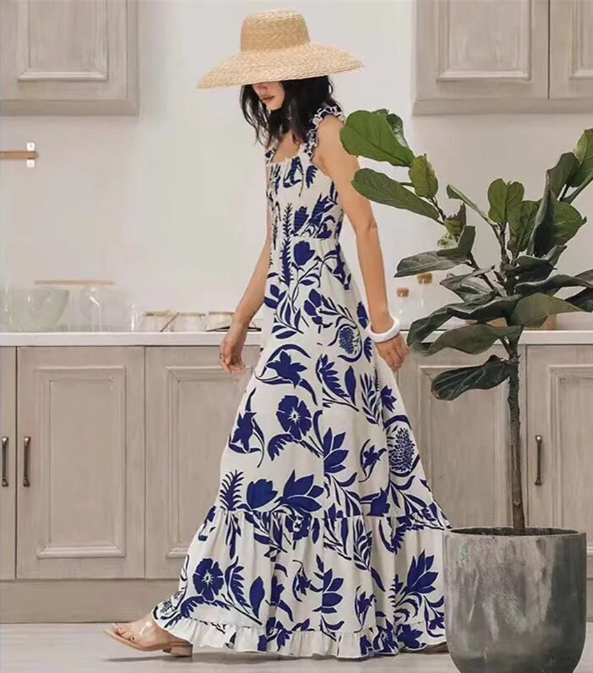 HAMALIEL богемное праздничное длинное платье летнее хлопковое голубое и белое