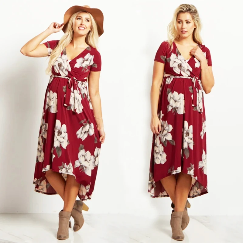 

Summer Pregnancy Plus Size Dress Elegant V-Neck Sashes Floral Short Sleeve Maternity Clothes For Pregnant Women Dresses W013