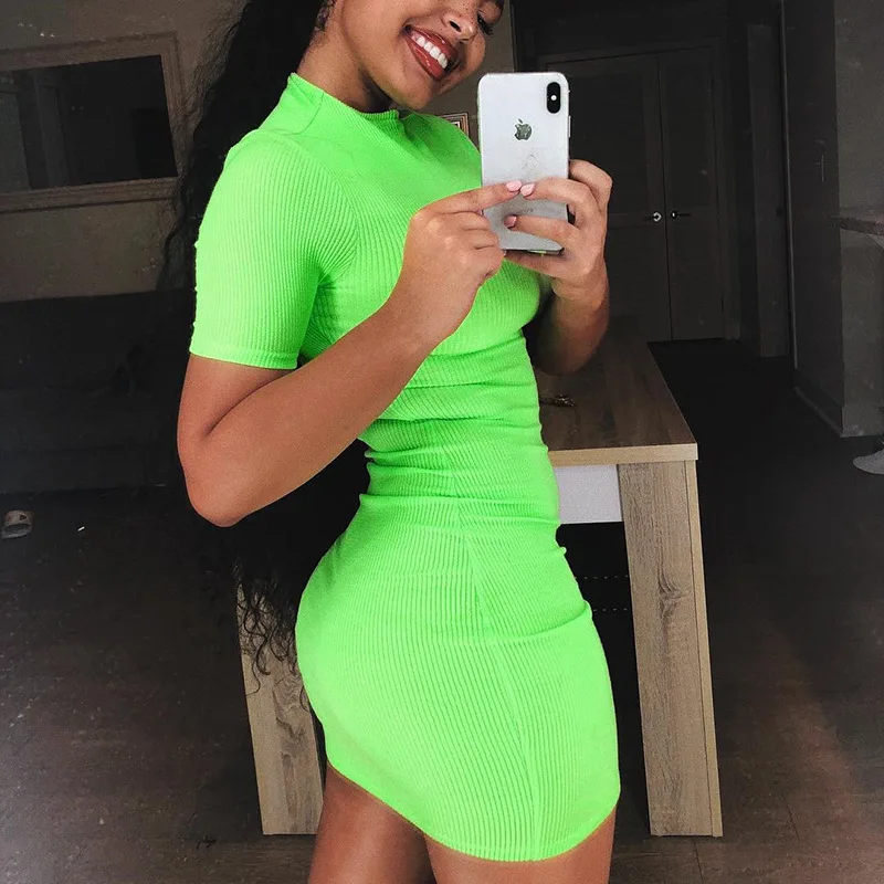 BOOFEENAA Rib Knit Neon Green сексуальное облегающее платье летняя одежда для женщин