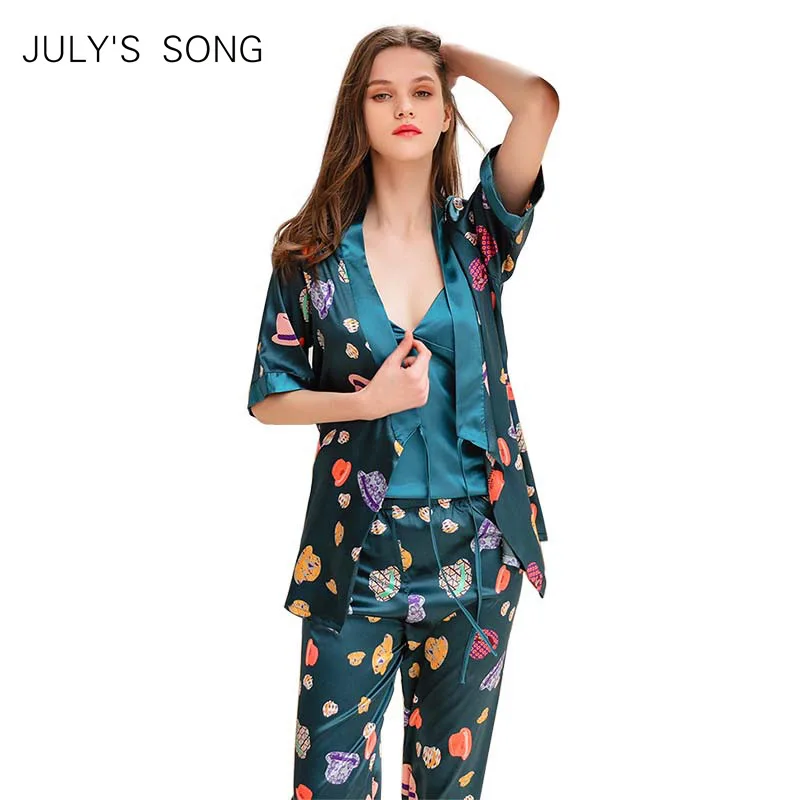 

JULY'S SONG 3 Pieces Woman Spring Pajamas Set Sling Satin Faux Silk Printing Sleep Lounge Long Pants Woman Sleepwear Pajamas
