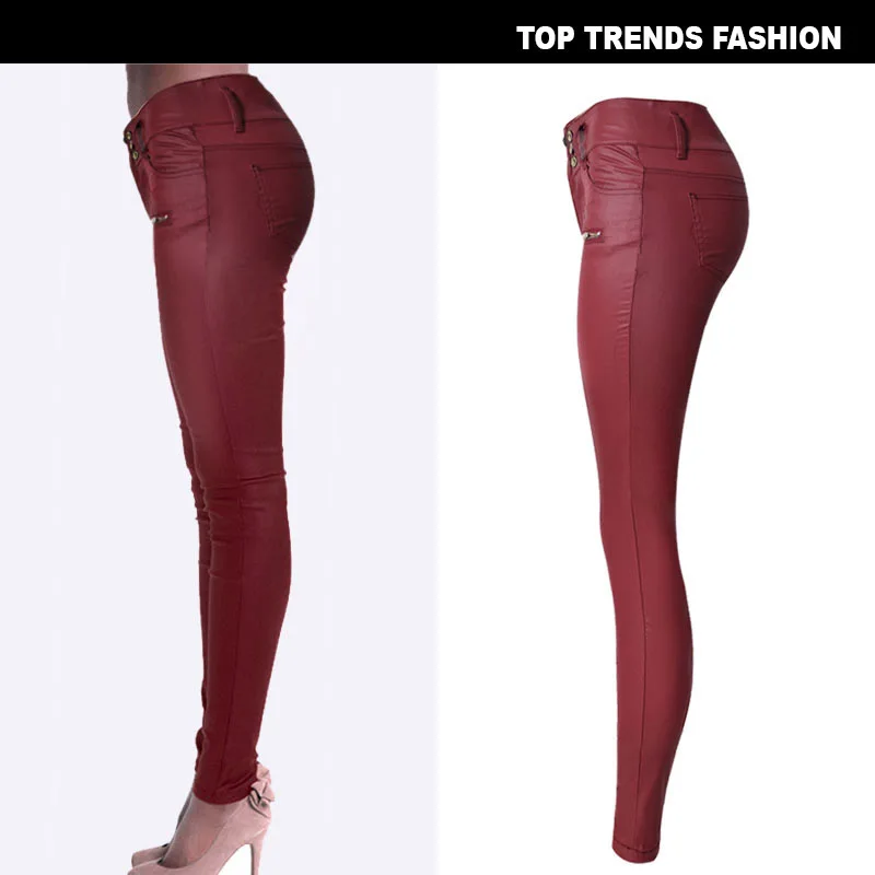 2019 High Waist Pants Wine Red PU Leather Skinny Pencil Full-Length Coated Stretchable Fashion Sexy Women |