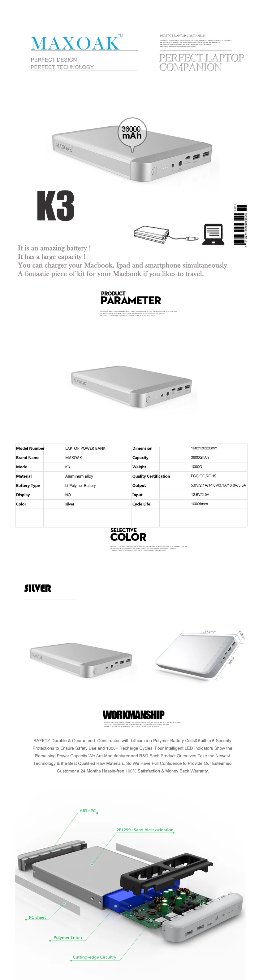 MAXOAK K3 Дополнительный внешний аккумулятор для ноутбука Тип-C 5 В/9 В/12 V 3A Зарядное устройство Универсальная внешняя аккумуляторная батарея для ноутбука Apple Тетрадь