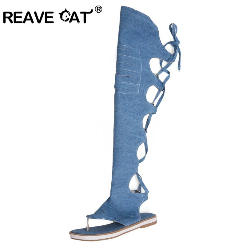 Женские джинсовые ботфорты REAVE CAT летние на низком каблуке Популярные черные