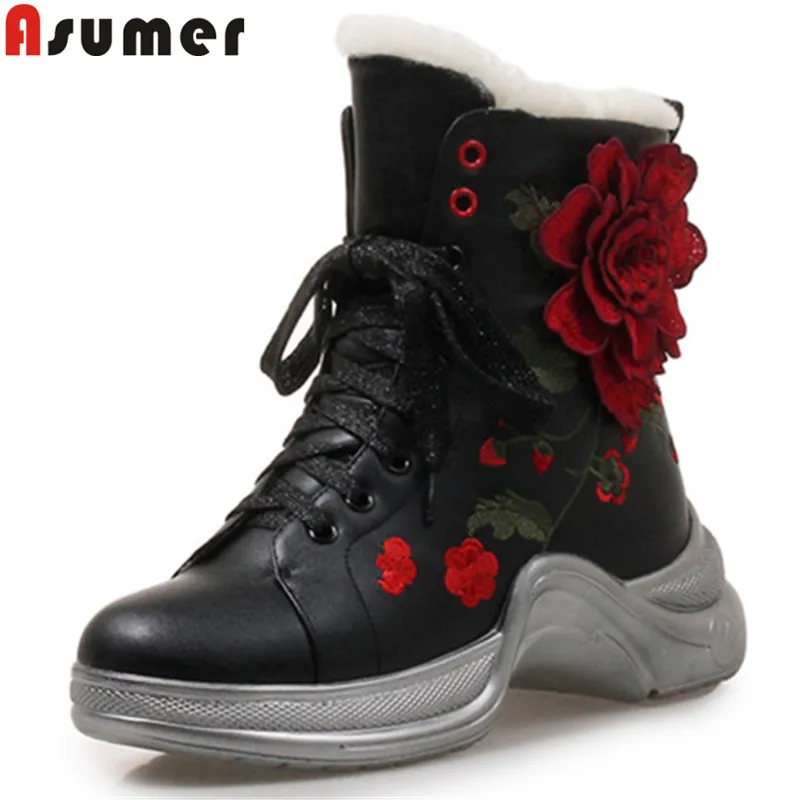 

ASUMER 2021 fashion ankle boots for women round toe lace up genuine leather boots flat with autumn winter keep warm snow boots