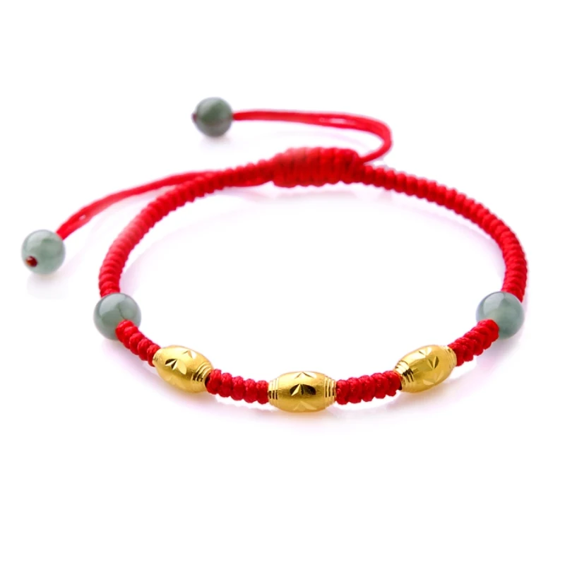 

New Real 24k Yellow Gold Chain Women Lucky Bead Knitted Bracelet Adjustable