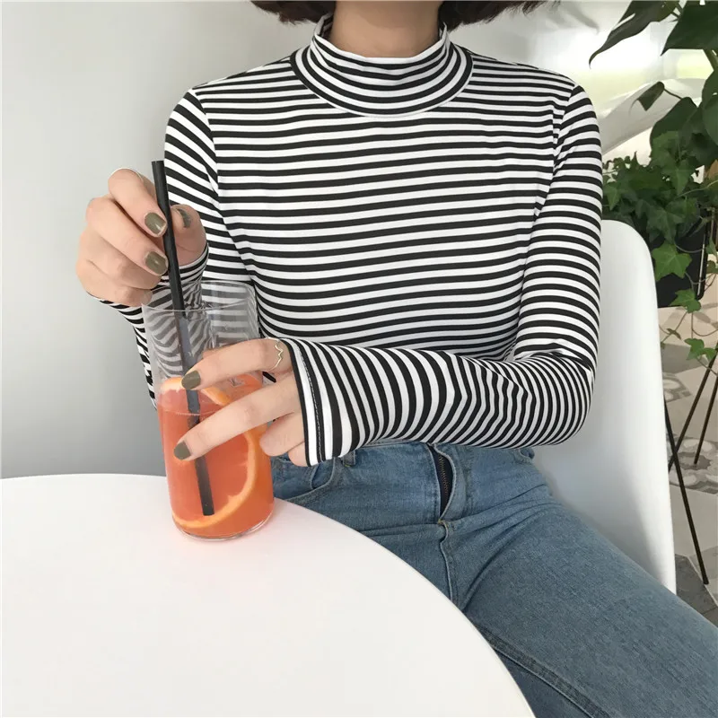 Korean Style Long Sleeve T Shirts 2018 Women New Hot Sale Student T-shirt Womens Fashion Harajuku Striped Female Slim Femme Lady | Женская