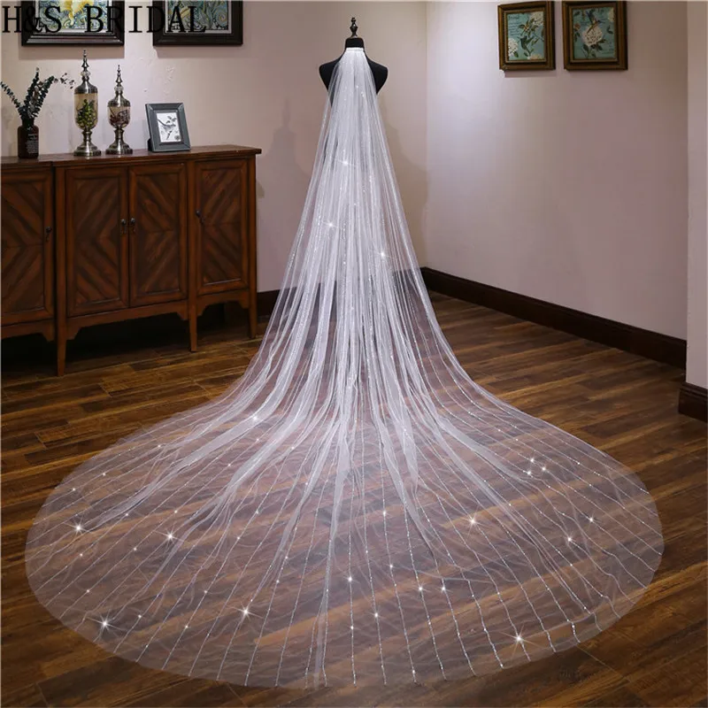 

H&S BRIDAL 3 Meters Cathedral Wedding Veils Long Beading Bridal Veil with Comb Wedding Accessories Bride Veu 2020