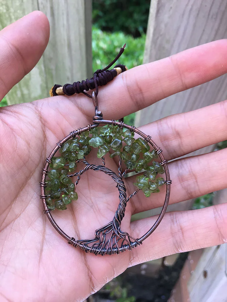 

Lovers Natural handmade child men Crystal Stone Necklace Olivine birthday Gift Copper spirituality Tree Of Life Pendant