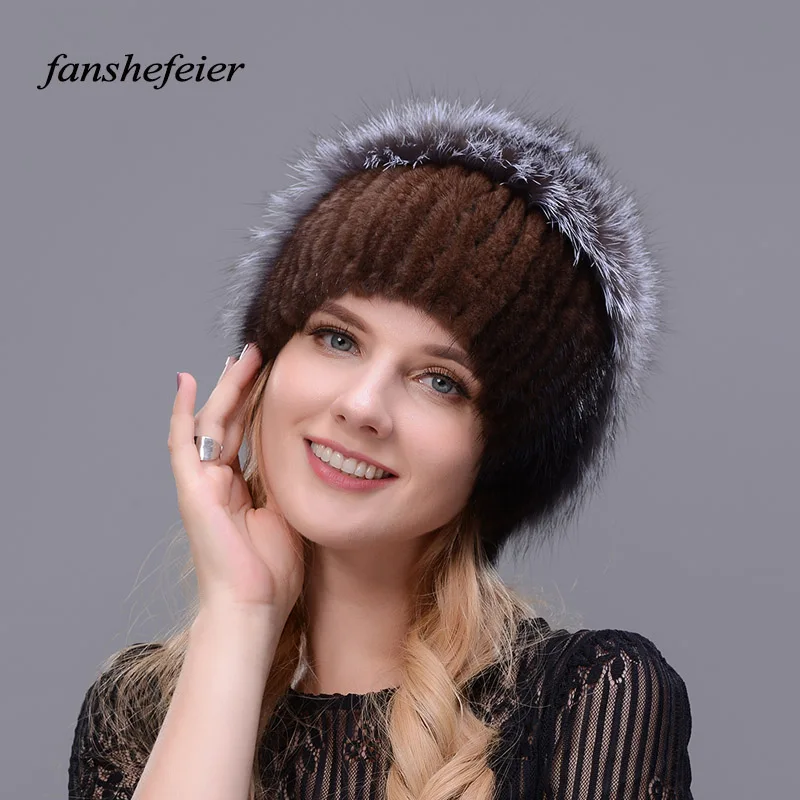 colour02 Fanshefeier, зимние русские шапки для женщин, шапка из натурального меха норки, шапка из меха серебристой лисы, Модные Элегантные вязаные шапочки, Высококачественная женская шапка - Цвет: colour02