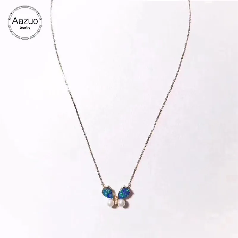 Aazuo 18K Yellow Gold Opal Akoya Pearl Butterfly Necklace Natual Blue Opalgifted for Women Valentine's Day Gift Link Chain | Украшения