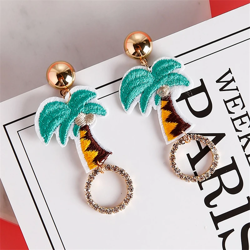 Doreen Box Embroidery Coconut Tree New Design Fashion Women Stud Earrings Clear Rhinestones Circle Jewelry 1 Pair | Украшения и