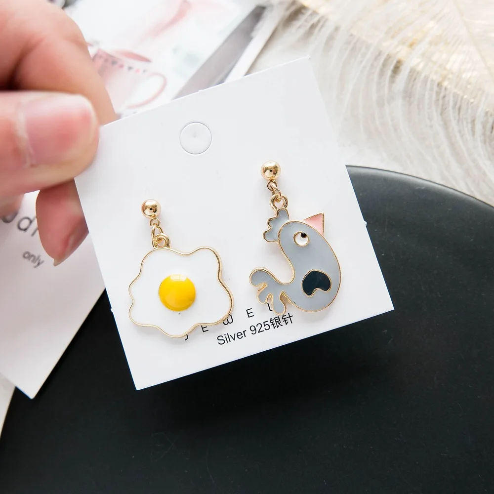 SUKI Cartoon Animal Chicken Enamel Earring Fried Eggs Cute Funny Women Alloy Asymmetric Drop Earrings Novelty Personalized Gifts | Украшения