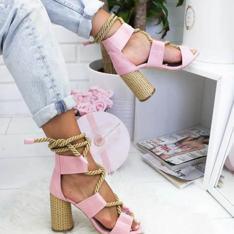 pink B Laamei/Новинка года; эспадрильи; женские босоножки; Модные Босоножки на каблуке с острым открытым носком; Босоножки на платформе со шнуровкой из пеньковой веревки - Цвет: pink B