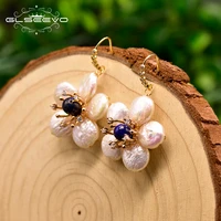glseevo natural freshwater pearl flower pendant earrings woman natural lapis lazuli pendant wedding earrings high jewelry ge0808