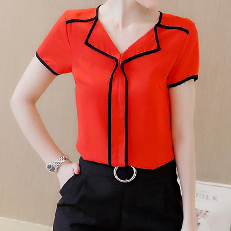 2019 Short Sleeve Women Shirts Sexy V Neck Solid Womens Tops Blouse Ladies Fashion Stitching Temperament Striped Chiffon Shirt | Женская