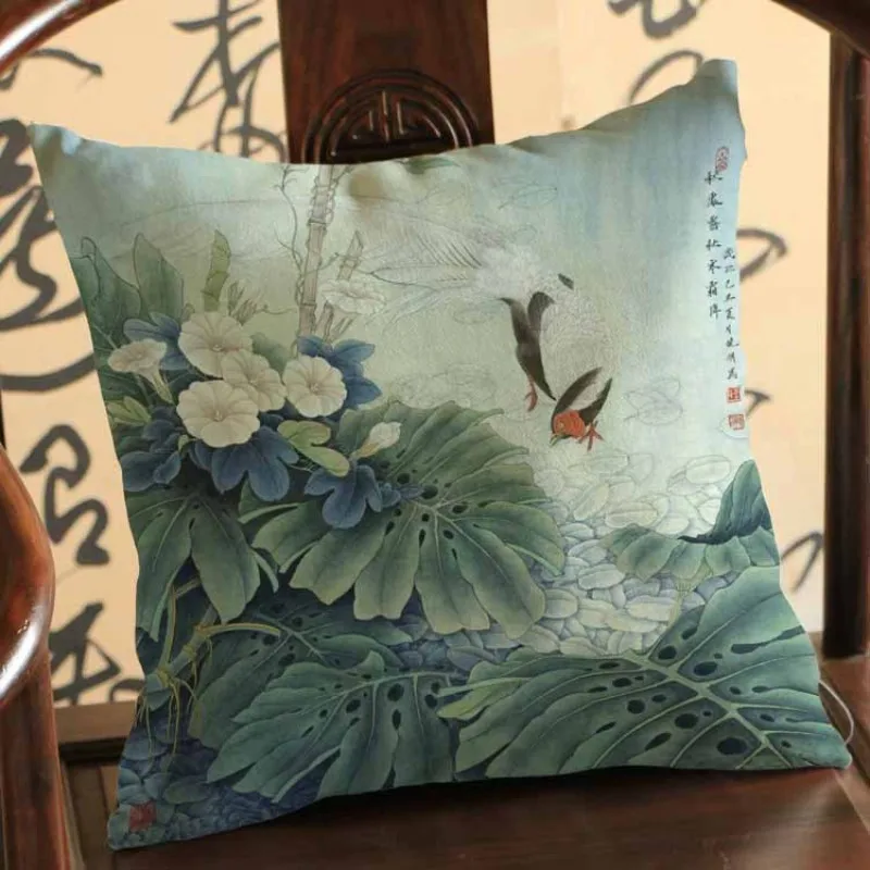 Traditional Chinese Painting Flowers Decorative Pillows For Living Room Elegant Cotton Linen Asia Style Home Decoration Cushions images - 6