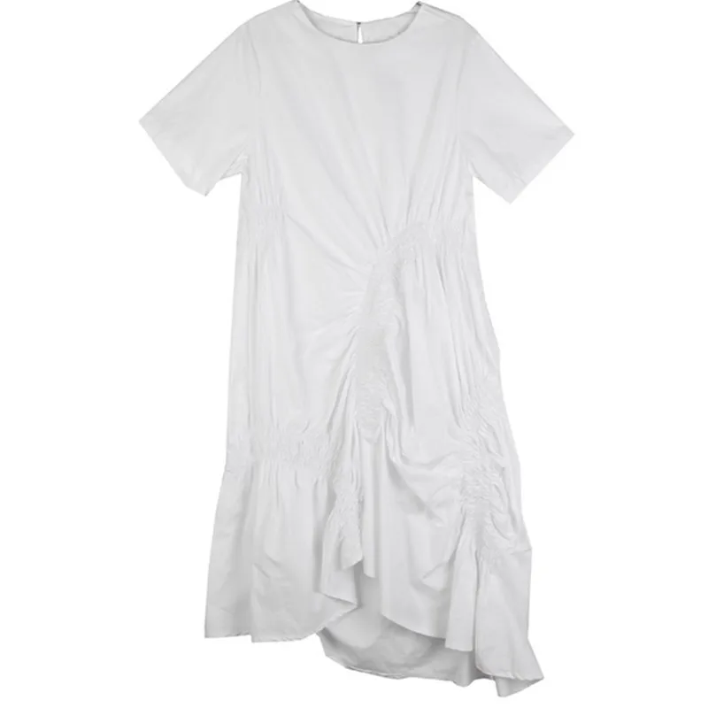 

Johnature Korean Summer Women Clothes 2021 New Dresses Irregular Casual Loose O-neck Short Sleeve Solid Color Pleated Dress