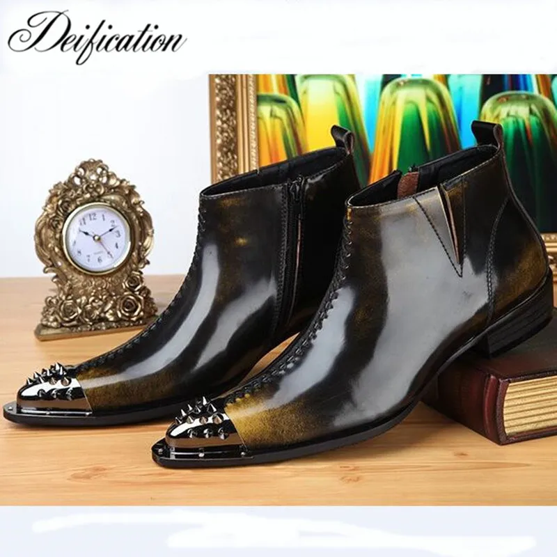 

Deification Retro Gradient Color Business Formal Man Ankle Boots Rivet Pointed Toe Punk Rock Shoes Men Motorcycle Cowboy Boots