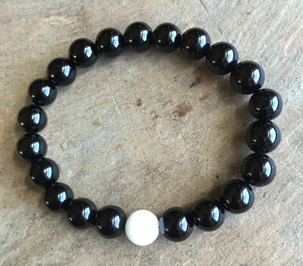 8mm Couples Bracelets Friendship &quotMissing Link&quot Black Onyx White AlabasterBracelet Natural Stone Beaded Elastic Bracelet Beads |