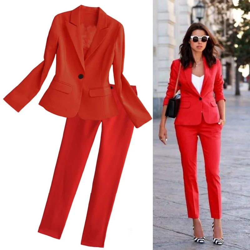 

Red women's suit European and American fashion suit 2019 spring new slim suit jacket nine points pants Two-piece set Women