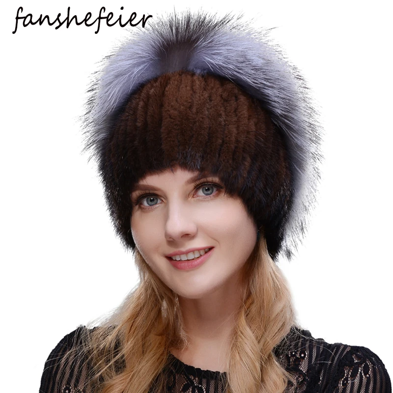 Женская вязаная шапка Fanshefeier теплая зимняя из натурального меха норки|Женские