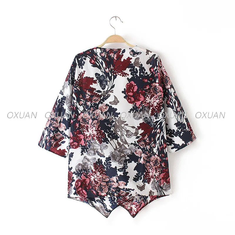 Новая мода женщин кимоно кардиган Винтаж цветок печатных блузка с бахромой Femininas