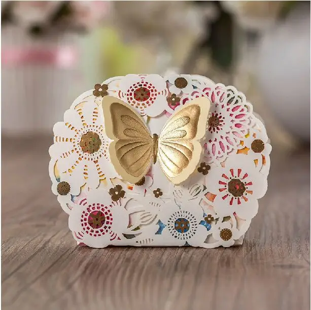 50 шт./лот Сладкий Свадебный Коробки Лазерной Резки бабочка коробки конфет