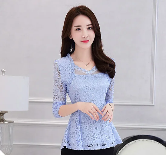 Новая мода renda blusas femininas, Женская кружевная рубашка, открытая кружевная блузка, рубашка для женщин, большие размеры, цветочные кружевные топы - Цвет: Light blue