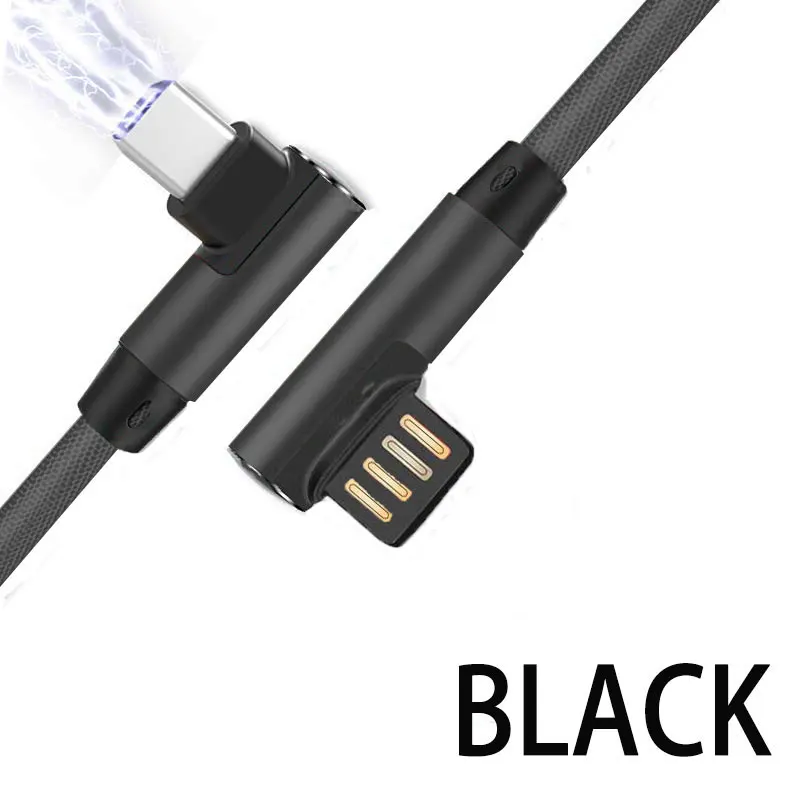 90 градусов 3A usb type C кабель для мобильного телефона для samsung huawei Xiaomi Redmi кабель передачи данных для быстрой зарядки для huawei type-C зарядное устройство - Цвет: Black
