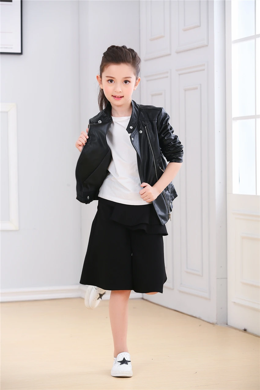 2018 Teenage Girls Pink faux leather jacket children's PU clothing Top for 3-10yrs kids zipper motorcycle outerwear red black | Детская
