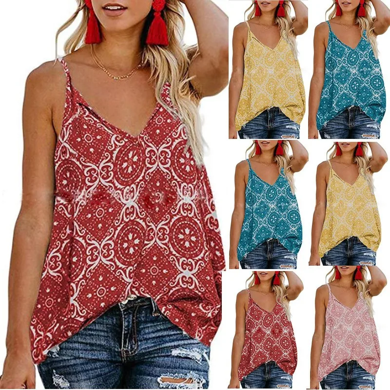 LISALA лето печати V декольте Cami Топ Женская одежда Boho Camisole Спагетти ремень сексуальные топы
