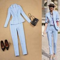 set womens spring and autumn new female professional blazer slim simple light blue suit and pants feet pants two sets