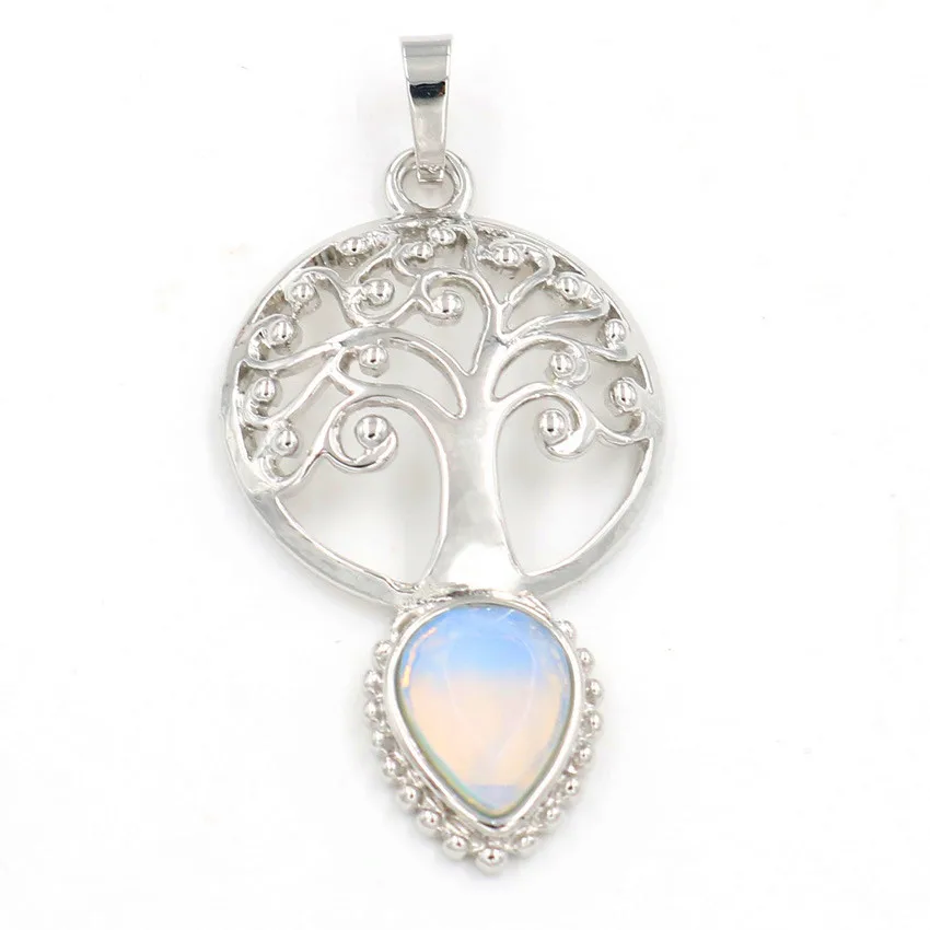 

FYJS Unique Silver Plated Tree of Life Water Drop Pendant Opalite Opal Temperament Jewelry