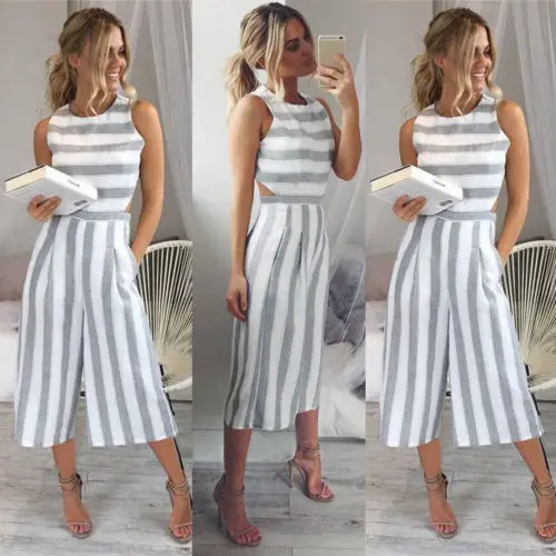 Полосатый комбинезон с высокой талией и открытой спиной длинные штаны брюки для