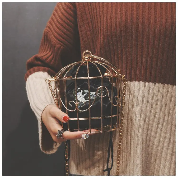 

Women's Birdcage Evening Bag Clutch Metal Frame Embroidery Bucket Bird Cage Mini Bag Purse Women Gold Tassel Handbag