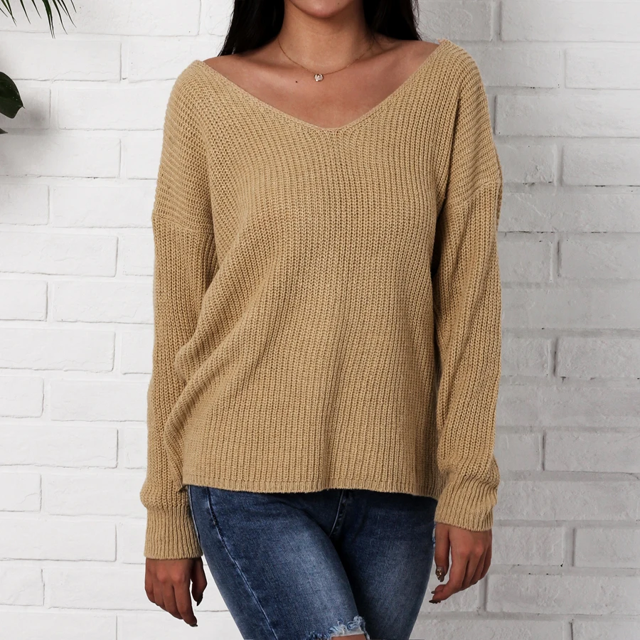 Sexy Criss Cross Backless Knitted Sweater Women 2018 Autumn Winter Fashion Long Sleeve Loose Pullovers Oversized Khaki | Женская одежда
