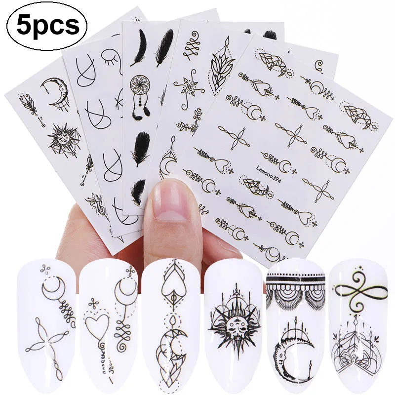 set 5 5pcs LEMOOC 1 набор, смешанный дизайн, набор наклеек для дизайна ногтей, Черное кружево, золотой, серебряный блеск, цветок, водная наклейка, слайдер, обертывания, Декор, маникюр - Цвет: set 5 5pcs