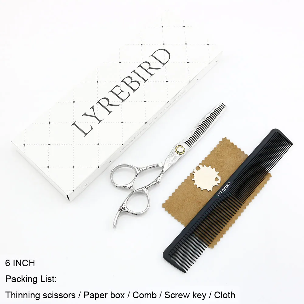 Thin 6 with box Профессиональные ножницы для волос 6 дюймов Супер Япония 440C дамасский узор Парикмахерские ножницы подшипник винт Lyrebird высокого класса Новинка - Цвет: Thin 6 with box